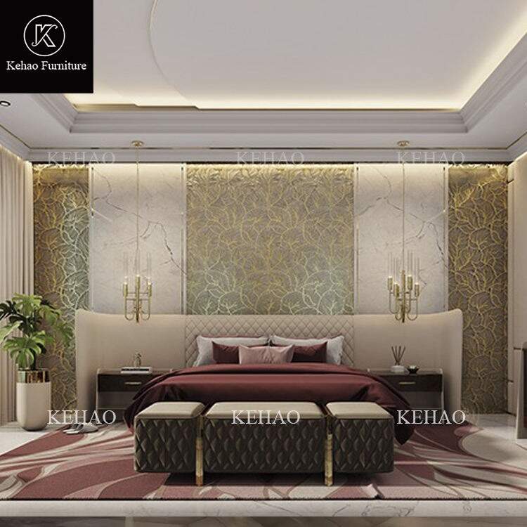 Italian Wedding Bedroom Set Wide Headboard Double Villa Bed Up-holstered Beds