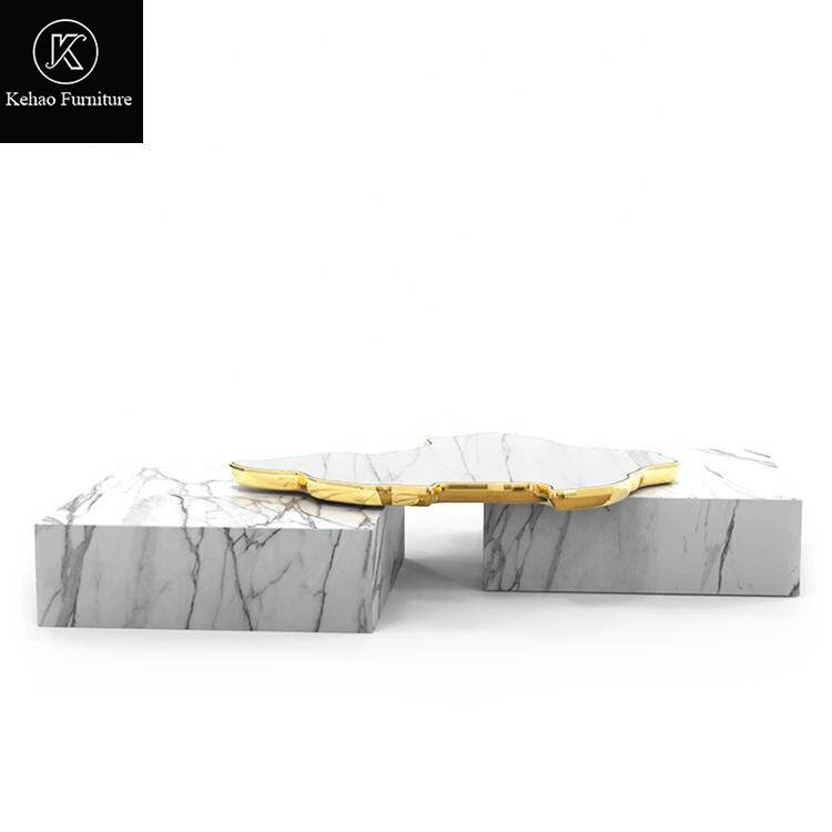 Designer Luxury White Marble Coffee Table with Gold Metal Trim High End Villa Living Room Irregular Stone Center Table