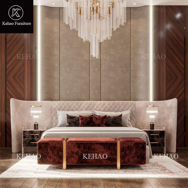 Italian Wedding Bedroom Set Wide Headboard Double Villa Bed Up-holstered Beds