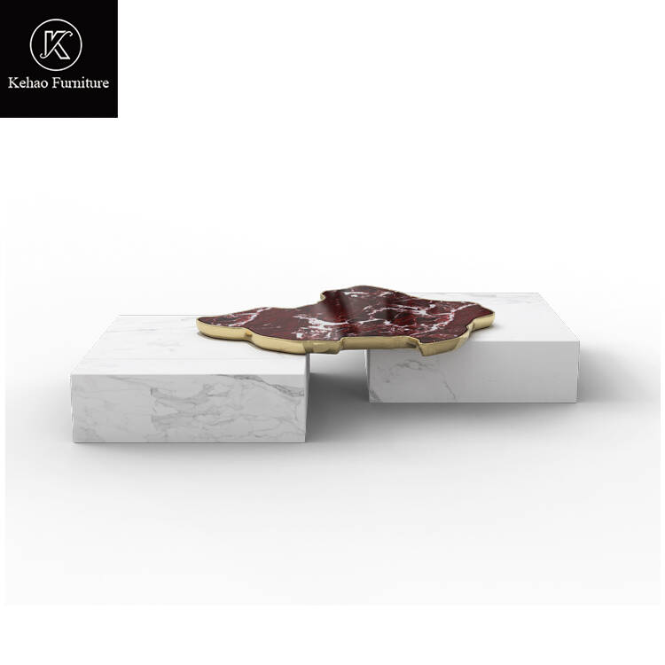 Designer Luxury White Marble Coffee Table with Gold Metal Trim High End Villa Living Room Irregular Stone Center Table